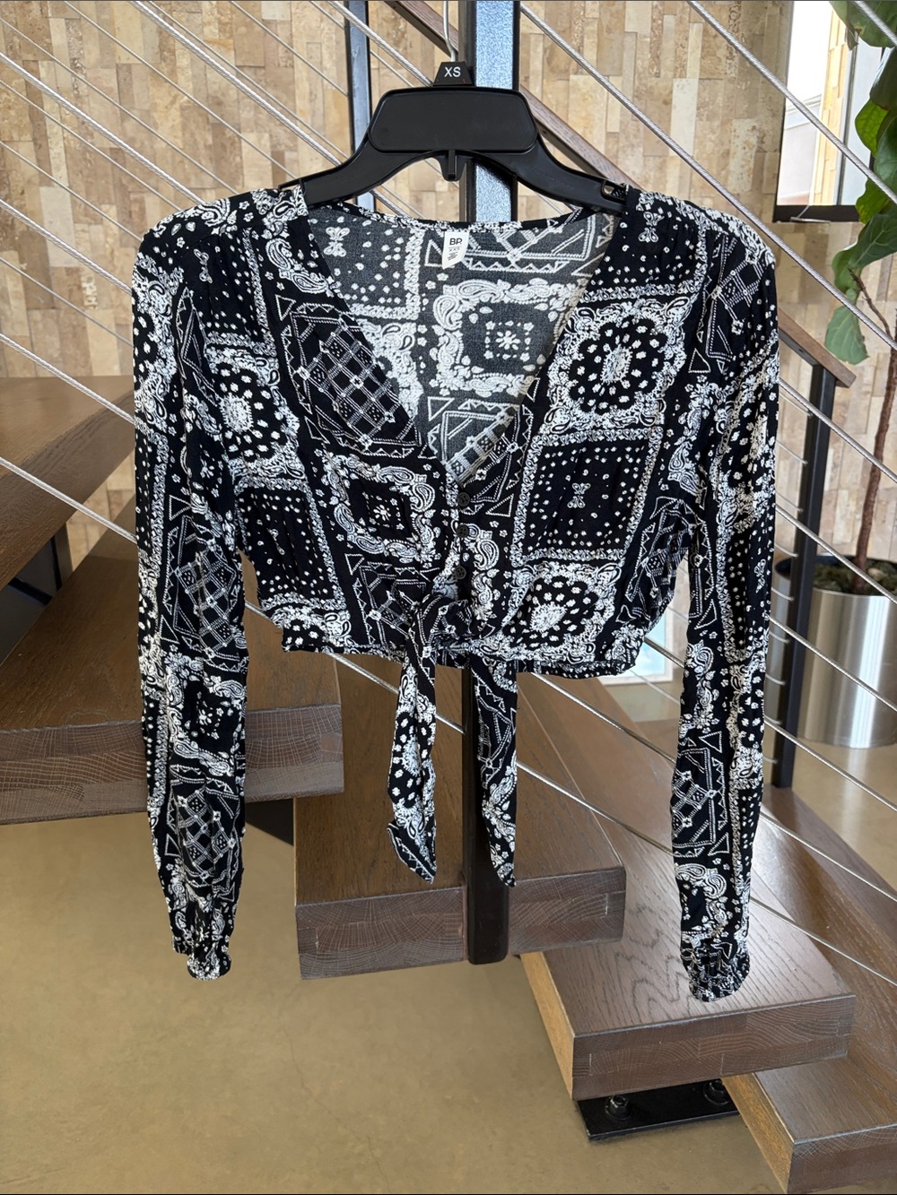 bp Black & White Bandana-Print Tie-Front Crop Top